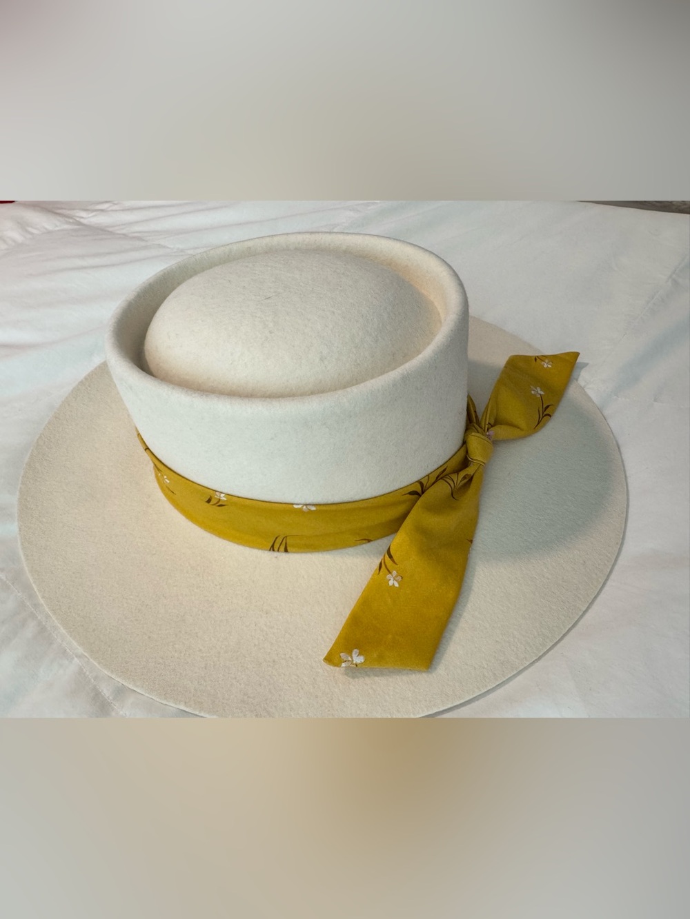 Cream Wool Sturdy Felt Hat with Mustard Floral Scarf Accent Flat Brim